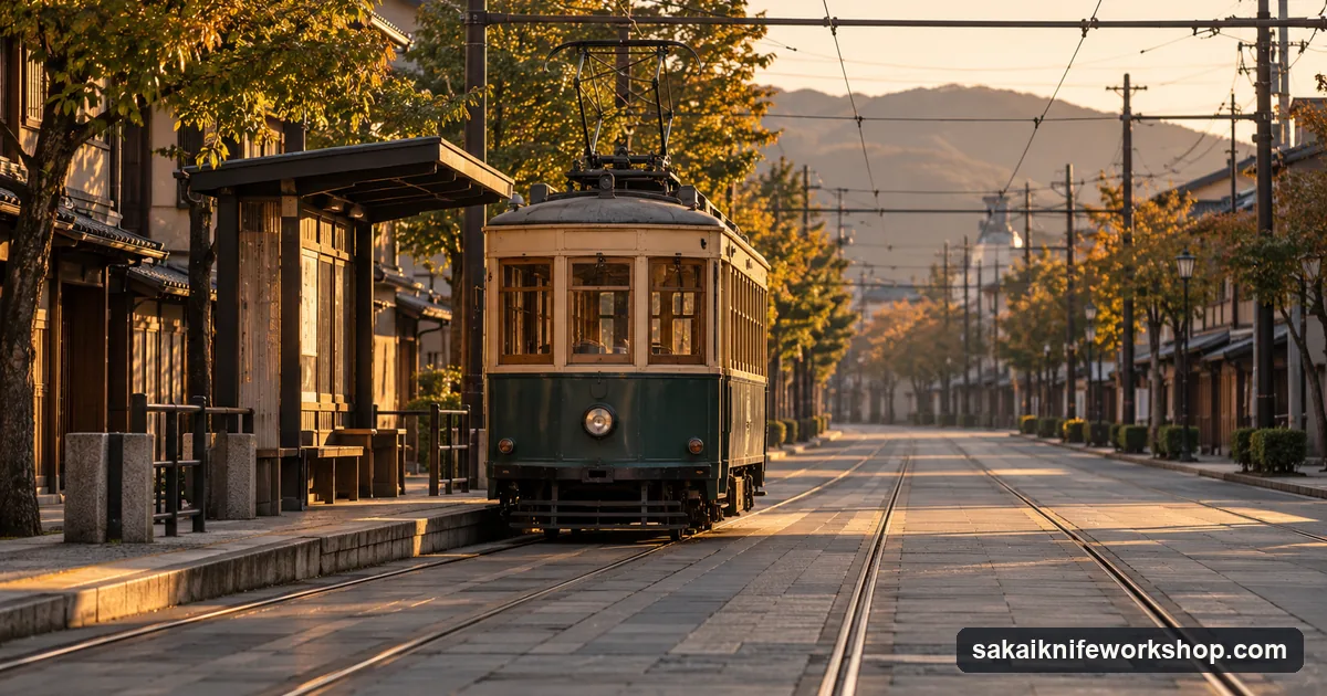 A single-car vintage streetcar at a quiet tram stop on a wide tree-lined street