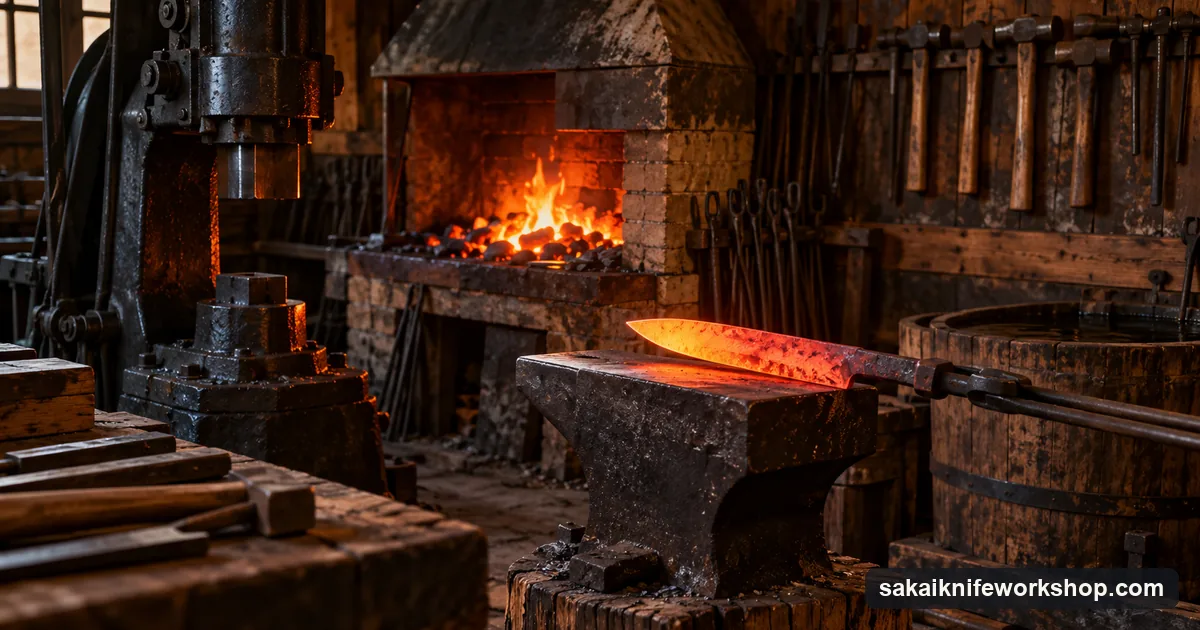 A red-hot blade blank held in tongs over an anvil beside a glowing coal forge