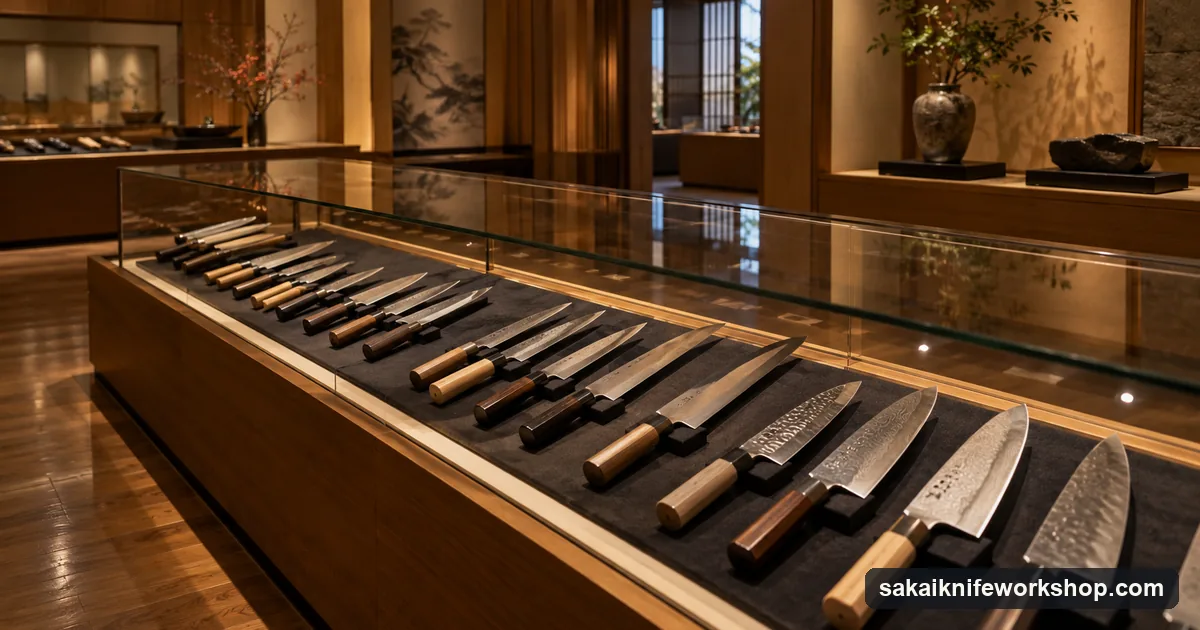 Japanese kitchen knives laid out by size in a long glass display case in a quiet gallery