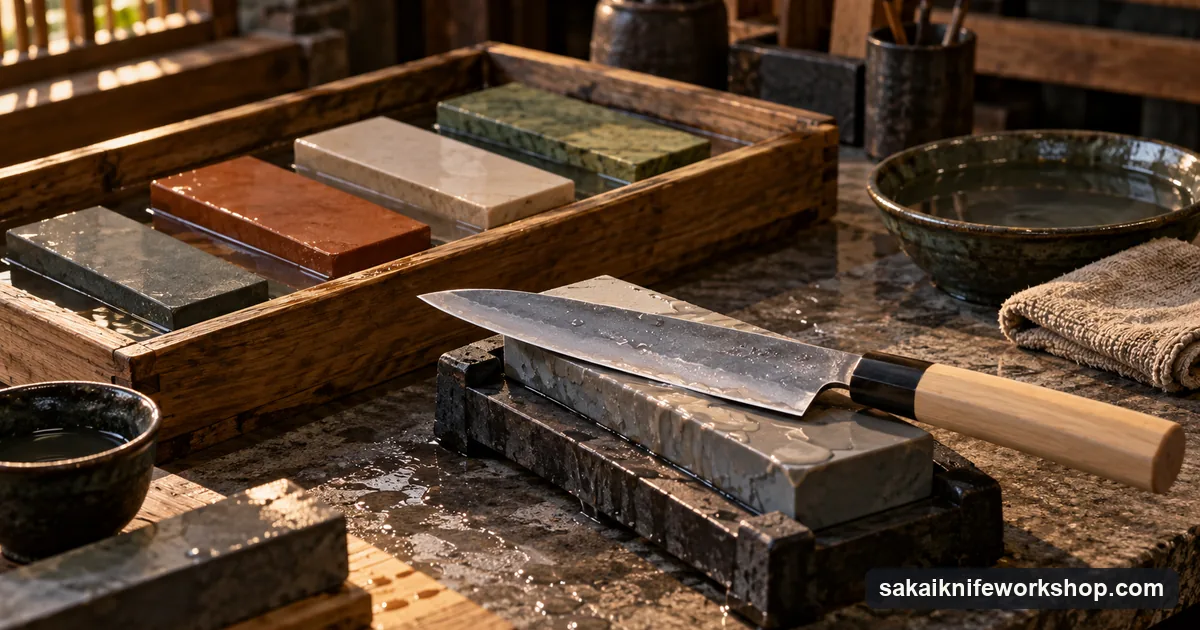 Japanese whetstones soaking in a water tray beside a kitchen knife on a wet sharpening stone