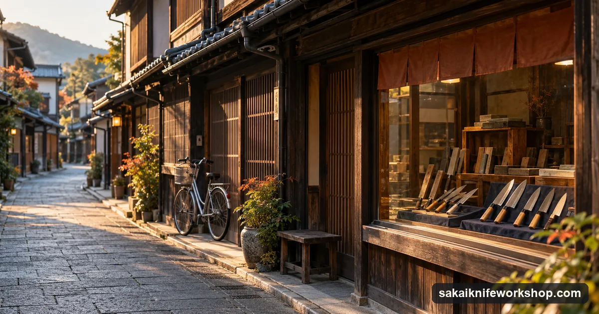 A small knife shop window on a quiet street of old wooden shop houses
