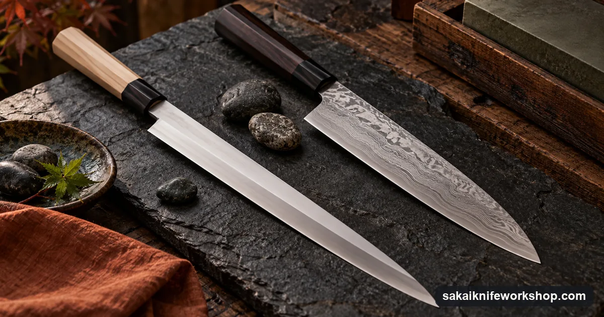 A single-bevel yanagiba beside a double-bevel Damascus gyuto on dark slate