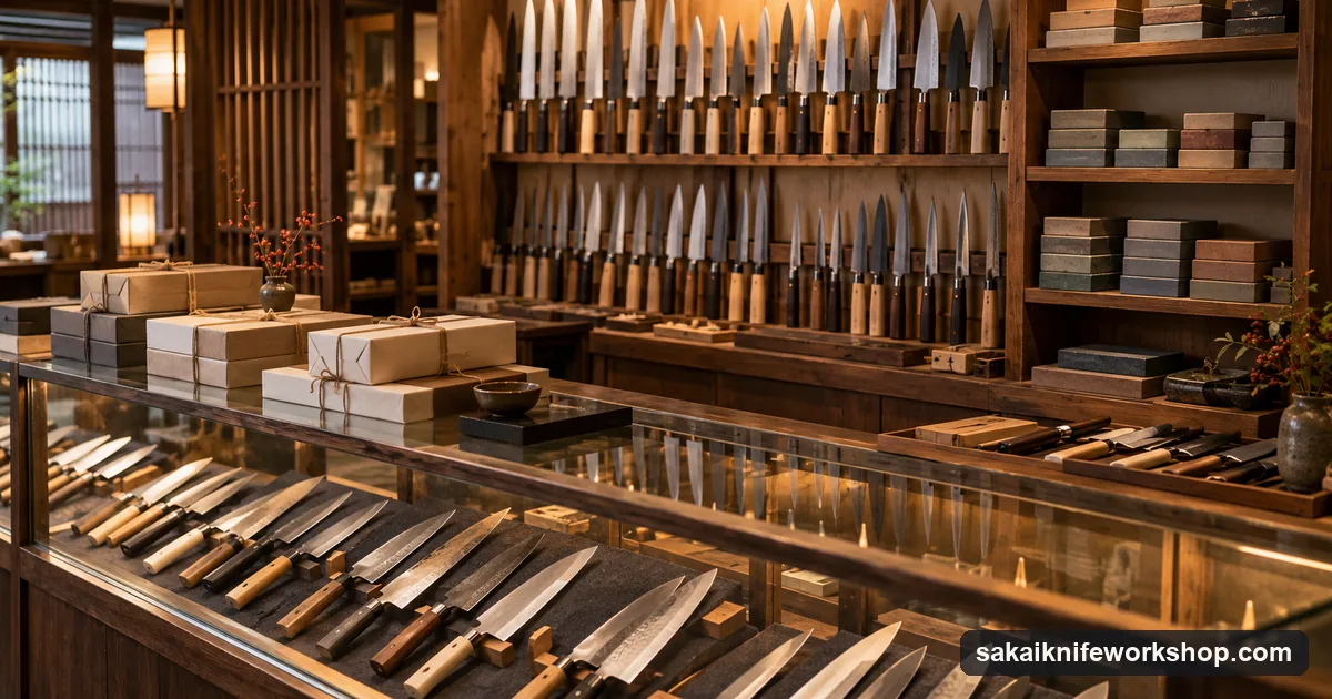Kitchen knives in a glass counter and on wall racks in a small Japanese knife shop, with wrapped knife boxes on the counter